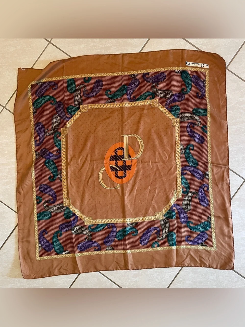Dior Brown Orange Purple Teal Paisley Logo Silk Scarf
